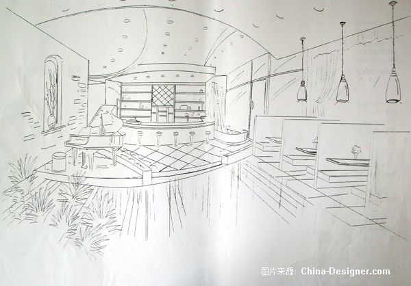 手绘咖啡厅吧台设计效果图图片