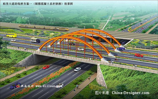 柏里大道跨线桥方案一(钢筋混凝土系杆拱桥)效果图-上海典尚设计效果