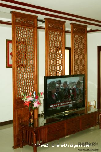 客厅电视背景墙近景视觉图-中式风格家装室内设计作品实景照片-北京阿